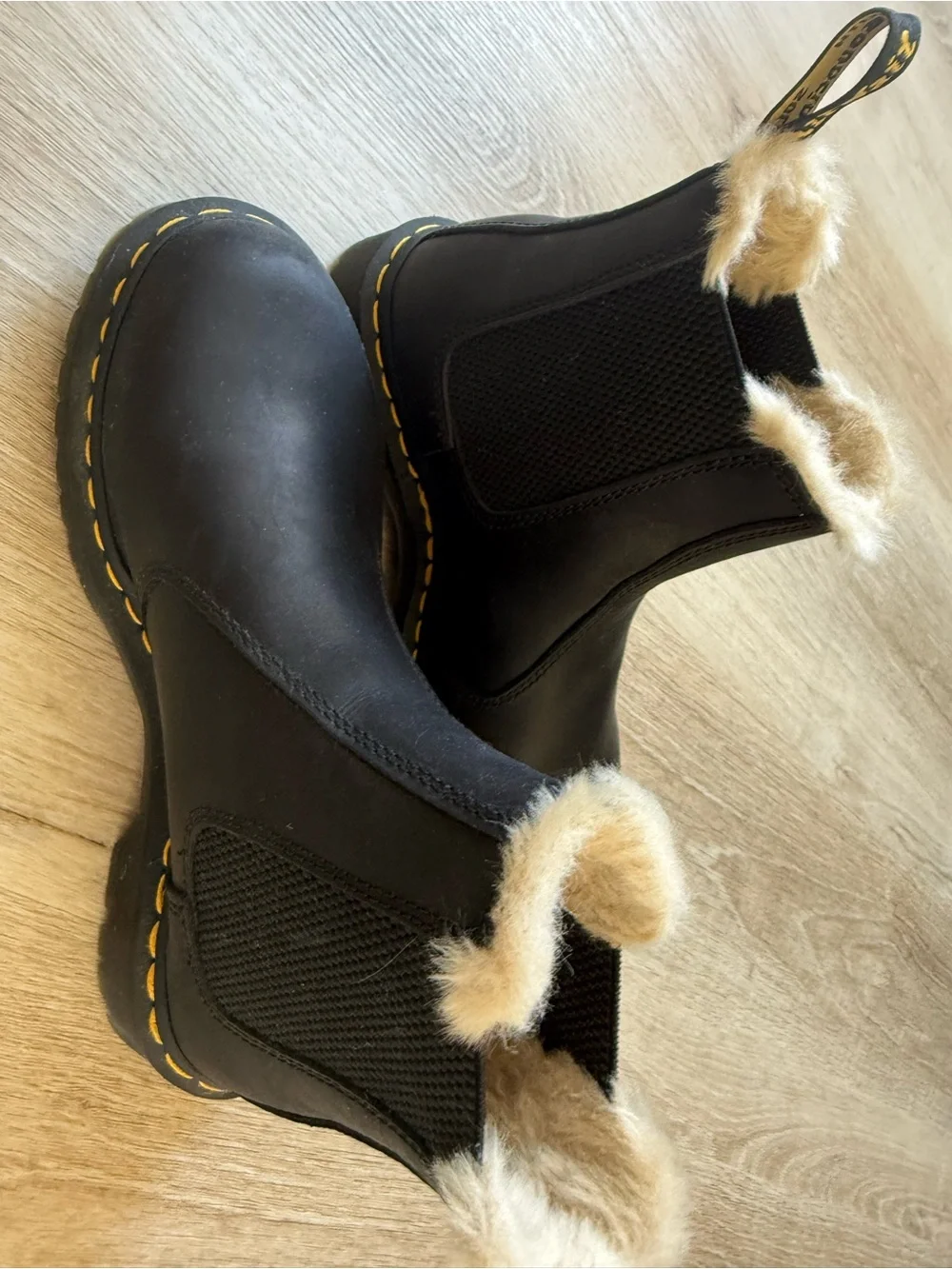 Dr. Martens Black Chelsea Winter Boots with Yellow Stitching and Cream Fur Trim